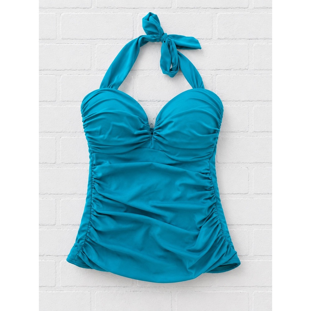 MagicSuit Teal Blue Green Ruched Adjustable Halter‎ Tankini Top 10DD Slimming